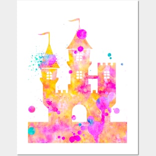 Princess Castle Watercolor Painting Pink Yellow Orange Posters and Art